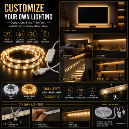 USB LED Light Strip – Warm & White Flexible Lighting